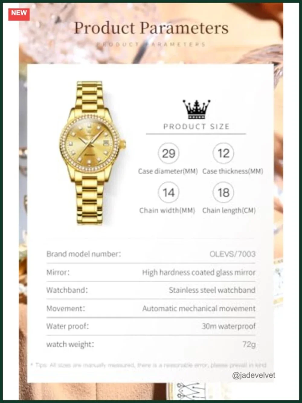 Women's Automatic Mechanical Watch with Diamonds, Gold Stainless Steel, 30M